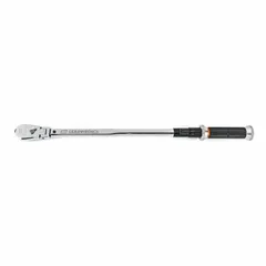 This flex-head ratcheting micrometer torque wrench features a 1/2-inch drive and 26-inch overall length. It provides dual-scale measurement in foot-pounds and newton-meters. The flex-head design allows access to confined spaces, making it suitable for precision tightening of fasteners in automotive and mechanical assemblies.