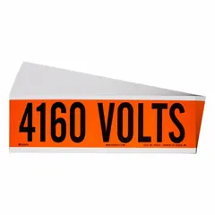 Self-stick vinyl label for marking 4160-volt electrical conduits and equipment. Each label measures 9 in wide by 2 1/4 in high and displays the legend '4160 Volts'. Supplied as a 25-pack of A-style labels for use in industrial environments to identify high-voltage systems.