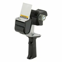 Manual tape dispenser with pistol-style handle grip. Accepts tape up to 2 inches wide, fits 3-inch core diameter, and supports maximum tape roll diameter of 5 1/2 inches. Used for sealing boxes and cartons in packaging and shipping operations.