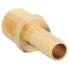 This brass rigid barbed hose fitting connects 1/4 in I.D. hose to NPT threaded ports. It features a hex nipple grip for wrench tightening, suitable for air, water, and chemical systems in industrial fluid handling.