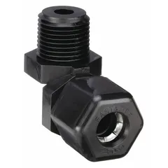 This PARKER compression fitting elbow connects 1/4 in OD tubing to a 1/4 in male NPT threaded port. Made of polypropylene, it is FDA approved for use in fluid-handling systems requiring corrosion resistance and purity.
