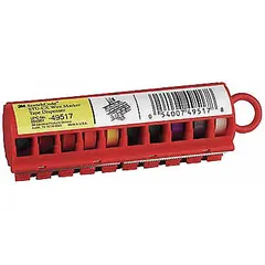 Plastic dispenser for polyester film wire markers. Supplied in a pack of 10, violet color. Used for organizing and identifying wires in control panels, electrical installations, and maintenance tasks.