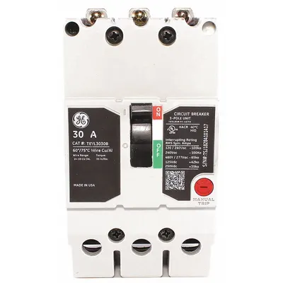 GE Molded Case Circuit Breaker: 30 A Amps, 65kA at 277/480V AC, Fixed, Lug - TEY-Frame GE Molded Case Circuit Breakers