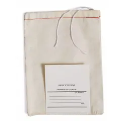 Cotton/poly blend drawstring bag with tag, natural color, 3.98 oz/sq yd fabric weight. 5 in length, 3 in width. Pack of 100. Suitable for packaging small parts, jewelry, hardware, or other items requiring secure closure and labeling.