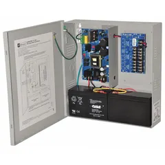 Steel-enclosed power supply board converting 115V AC input to selectable 12VDC or 24VDC output at 6A. Used in access control and security systems to power door locks, card readers, and other low-voltage devices.
