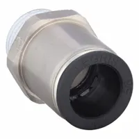 This LEGRIS adapter fitting connects 16 mm OD tubing to a 1/2 in male BSPT threaded port. It features a push-to-connect design for quick, leak-free installation in pneumatic systems and fluid transfer applications. The body is nickel-plated brass with a silver finish, and the collet is nylon