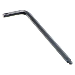 L-shaped ball end Torx key with T45 tip size. Single ball end design allows angled access to recessed fasteners. Long length provides extended reach. Made from alloy steel with black oxide finish. Used for driving T45 Torx fasteners in assembly, maintenance, and repair applications where straight access is limited.