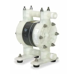 This air-operated double diaphragm pump features a polypropylene housing with 1/2 in NPT connections. It delivers a flow rate of 15 gpm and a maximum head of 231 ft. The seat material is PP and the check valve material is PTFE, making it suitable for transferring a wide range of fluids in industrial fluid handling applications.