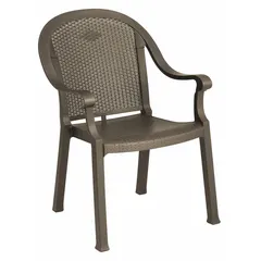 Glossy bronze polypropylene armchair with seat height 17 in, seat width 23 in, seat depth 24 in. Seat and frame in matching bronze polypropylene. Suitable for indoor or covered outdoor seating in commercial settings such as lobbies, waiting areas, cafés, and break rooms.