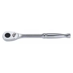 This standard-head ratchet features a reversible mechanism and a chrome finish. With an overall length of 8 1/2 inches and a minimum arc swing of 4.3°, it is suited for tightening and loosening fasteners in confined spaces during automotive repair, machinery maintenance, and general assembly tasks.