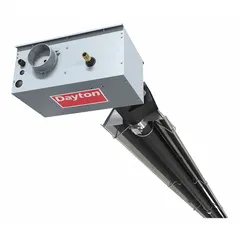 This Dayton suspended infrared tube gas ceiling heater is designed for indoor use only and operates on natural gas. It provides a heating capacity of 200,000 BtuH input and covers a floor area of 36 ft x 60 ft at minimum mounting height. Suitable for large open spaces such as warehouses, factories, and workshops.