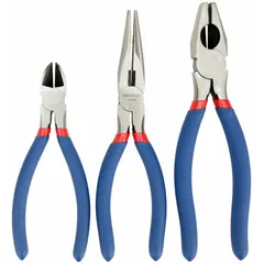 This set includes three manual pliers with standard cushion grip handles, stored in a pouch. The pliers range covers sizes 2 to 5, suitable for general cutting, gripping, and twisting tasks in maintenance and assembly work.