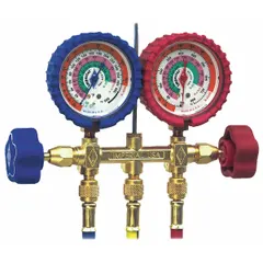 This analog manifold gauge set from IMPERIAL features two valves and three hoses, designed for use with R-410A refrigerant. It includes gauge boots for added protection. Typical applications include measuring pressure and charging refrigerant in HVAC and refrigeration systems.
