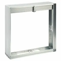 Rectangular fire damper with curtain blade type and gravity closure, designed for vertical mounting. Constructed with a galvanized steel frame. Measures 18 inches in height, 18 inches in width, and 3 3/4 inches in length. Used in HVAC systems to prevent fire and smoke spread through ducts in fire-rated partitions.