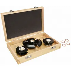 This 3-piece set includes carbide-tipped router bits for woodworking joinery. Designed for creating rail, raised panel, and stile profiles in cabinet doors and frames. The set features a stile bit and fractional-inch sizing for precise routing tasks.
