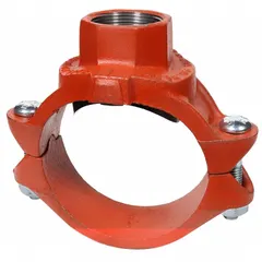 This outlet pipe clamp is a bolted clamp tee for grooved-end piping systems. It is made of ductile iron with an NBR seal and rated for a maximum operating pressure of 500 psi. The fitting creates a branch connection from a 2 in main line to a 1-1/2 in outlet, commonly used in fire protection, HVAC, and industrial process lines.