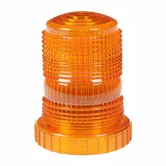 Round replacement lens for beacon lights, made of polycarbonate in amber color. Measures 3-7/8 inches in height. Designed for use with beacon light fixtures on vehicles such as trucks and construction equipment to provide visible warning signals.
