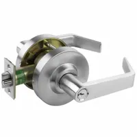 ARROW storeroom lever lockset with F86 ANSI function, providing keyed entry from outside and free egress from inside. Finished in satin chromium-plated wrought brass. ADA compliant. Suitable for commercial doors requiring security and accessibility, such as storerooms, electrical rooms, and maintenance closets