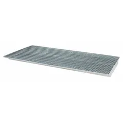 Steel sump-insert pallet rack decking with zinc-plated finish and blue color. Features 11-gauge decking with sump edge and 6,900 lb load capacity. Designed to capture leaks and drips from containers stored on pallet racks in industrial and chemical storage areas.