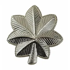 This metallic rank insignia features a Maj. Leaf design in silver, measuring 3/4 inch. Constructed from metal, it attaches via a clutch pin. Used on military or ceremonial uniforms to denote the rank of Major.