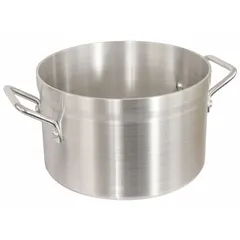Aluminum sauce pot with straight body and 60-quart capacity. Riveted aluminum handles provide secure grip. NSF certified for commercial food-service use in preparing sauces, soups, and stocks.