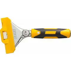 Floor scraper with a straight, stiff carbon steel blade and a metal handle with a hammer end. Overall length of 8 inches. Used for removing tile, linoleum, carpet glue, and other floor coverings in construction and renovation.