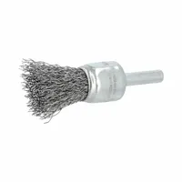 This light-cleaning brush features a crimped steel fill with a 0.012 in fill diameter, designed for removing rust, scale, and light burrs from carbon steel surfaces. With a 3/4 in diameter and 1/4 in shank, it is suitable for metal fabrication, welding prep, and general maintenance tasks requiring controlled fine-finish cleaning