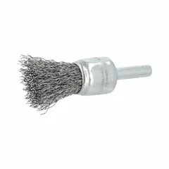 This light-cleaning brush features a crimped steel fill with a 0.012 in fill diameter, designed for removing rust, scale, and light burrs from carbon steel surfaces. With a 3/4 in diameter and 1/4 in shank, it is suitable for metal fabrication, welding prep, and general maintenance tasks requiring controlled fine-finish cleaning.