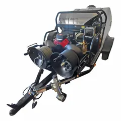 This SIMPSON hot water pressure washer is a heavy-duty, cart-mounted unit powered by a Honda engine and diesel fuel system. It features a belt-drive design for industrial cleaning tasks such as removing grease, oil, and grime from equipment and surfaces. Suitable for demanding job sites requiring mobile operation.
