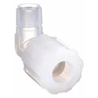 This PARGRIP PFA compression tube fitting elbow connects 1/4 in OD tubing to a 3/8 in male NPT pipe thread. Made of PFA, it is FDA approved for use in high-purity or corrosive fluid handling systems. The compression design provides a reliable seal in industrial applications