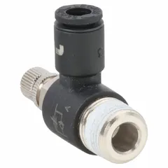Miniature elbow-style flow control valve with 4 mm valve body size for 4 mm tube. Screw-type adjustment with meter-out control. Constructed of technical polymer. Used to regulate airflow in pneumatic systems, allowing precise adjustment of exhaust air from actuators, cylinders, or valves.