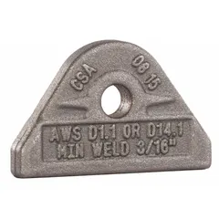 Carbon steel weld-on pad eye for lifting applications. Provides a permanent attachment point for slings, hooks, or chains. Working load limit of 1,000 lb with a 3/8 in mounting hole diameter. Suitable for rigging and material handling tasks requiring a secure lifting point.