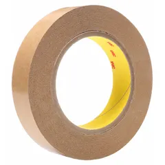3M 465 is a general purpose adhesive transfer tape with a 2-mil thick transparent acrylic adhesive on a kraft paper liner. It provides a permanent bond and is supplied in a 36-pack of 1-inch-wide, 60-yard-long rolls. This tape is used for bonding nameplates, decorative trim, and gaskets in industrial assembly and sign-making applications.