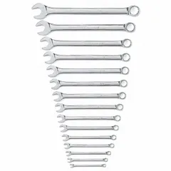 Set of 15 SAE combination wrenches made from alloy steel with a full polish chrome finish. Each wrench features a 12-point box end and standard length. Used for tightening and loosening hex fasteners in mechanical assembly and maintenance tasks.