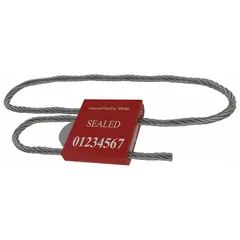 Steel adjustable-length cable seals with a 48-inch cable length and 3/16-inch diameter. Each seal is marked with white sequential numbers and a barcode reading 'Sealed'. Supplied in a 20-pack. Used for securing cargo, containers, and industrial equipment to provide tamper evidence and enable tracking.
