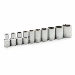 This 10-piece socket set includes SAE 6-point sockets ranging from 3/16 in to 9/16 in with a 1/4 in drive. The friction ball retention design helps secure sockets on the drive tool. Suitable for tightening and loosening hex fasteners in automotive repair, equipment maintenance, and general mechanical tasks.