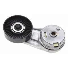 Self-adjusting belt tensioner for light-duty vehicle accessory drive systems. Constructed with a steel body and single steel pulley. Maintains proper belt tension to reduce slippage and wear.