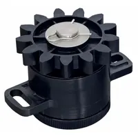 Geared rotary damper with clockwise rotation and 0.5 kgf-cm torque rating. Body constructed of PBT material. Provides controlled resistance to rotational motion, used in applications such as lids, doors, and panels requiring smooth deceleration