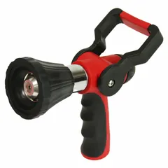 This pistol-grip nozzle features a fireman-style design with an adjustable stream pattern. Constructed with poly/metal materials, it has a 3/4-inch connection size and a maximum temperature rating of 100°F. Suitable for watering and general outdoor use where a hand-operated nozzle is required.
