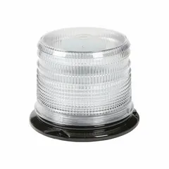 Round LED beacon with amber/green output, 12 selectable flash patterns, and blunt-cut wire connection. Pipe mount design for vehicle or equipment installation. Operates on 12 to 24V DC. Overall dimensions: 6 3/8 in wide by 4 7/8 in high.