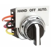 This Siemens selector switch kit is designed for use with NEMA motor starters in industrial control panels. It features a black Hand/Off/Auto selector switch and includes wires for installation. Typical applications include controlling pumps, conveyors, and HVAC systems