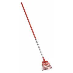 Shrub rake with flex head and steel head. Aluminum handle, 54-inch length. Designed for clearing leaves and debris under shrubs and low plants.