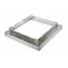Galvanized steel adapter designed to mount a 22-inch downblast fan base onto a 24-inch roof curb. Includes eight 1/4-20 Tinnerman speed nuts for secure installation. Used in HVAC ventilation systems to transition between fan base and roof curb sizes.