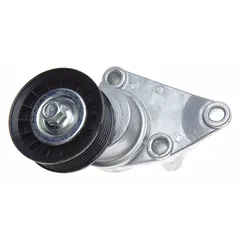 Self-adjusting belt tensioner for maintaining proper tension on engine accessory drive belts in light-duty vehicles. Features one thermoplastic pulley with 3 in outside diameter to reduce belt slip and noise. Light-duty performance rating.