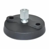 Swivel female leveling mount with M16 thread, made of glass filled nylon with zinc-plated finish. Load capacity 33,361.66 N. Includes mounting holes. Used for leveling and stabilizing industrial equipment, conveyors, and machinery, providing vibration dampening in manufacturing and material handling applications