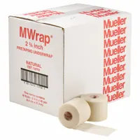 Non-adhesive, elastic polyurethane foam tape used to cushion and protect skin under athletic tape, bandages, or wraps. Supplied in a bulk pack of 48 standalone rolls, each 30 yards long by 2 3/4 inches wide. Beige color, latex free, non-sterile, not water resistant