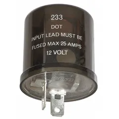 3-terminal flasher relay rated for 12V DC and 20 A, with an adjustable flash rate of 1 to 10 flashes per minute. Designed for turn-signal and hazard-light applications in vans and other vehicles.