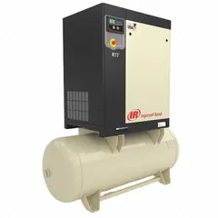 Horizontal rotary screw air compressor with 15 hp motor, 56.1 cfm capacity, and 120-gallon tank. Operates on 460V AC three-phase power. Suitable for continuous-duty compressed air supply in industrial manufacturing, automotive repair, and light assembly operations. Supplied without a dryer.