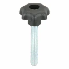 This 7-arm knob features a plastic body with a steel threaded stud for manual adjustment and clamping. The M8 thread has a length of 50 mm, and the knob diameter is 32 mm. Suitable for applications requiring a multi-point grip for frequent repositioning or tightening.