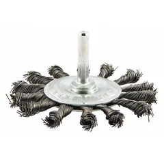 Twisted steel wire wheel brush with 0.014" fill, 3 1/4" diameter, and 3/8" width. Features a 1/4" shank for rotary tool use. Designed for heavy cleaning of contoured carbon steel surfaces, such as removing rust, scale, and weld splatter in metal fabrication and maintenance tasks.